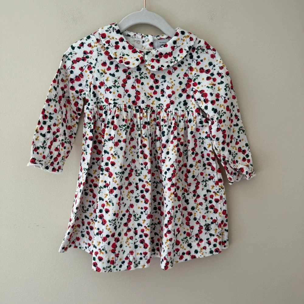 Petit Bateau Baby Girl Floral Poppy Dress White Red 18M 81cm Cotton Peter Pan